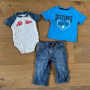 Baseball Themed Baby Clothing, size boys 9 M clothing, Mexx jeans, Carter’s tops